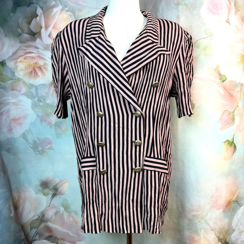 Vintage 90s Stuart Alan Petites Vertical Tan & Black Striped Button Up Blazer
